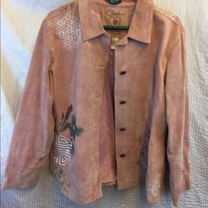Chicos Pink Suede Leather Jacket Asian Art Calligraphy Floral Button Front 2 L